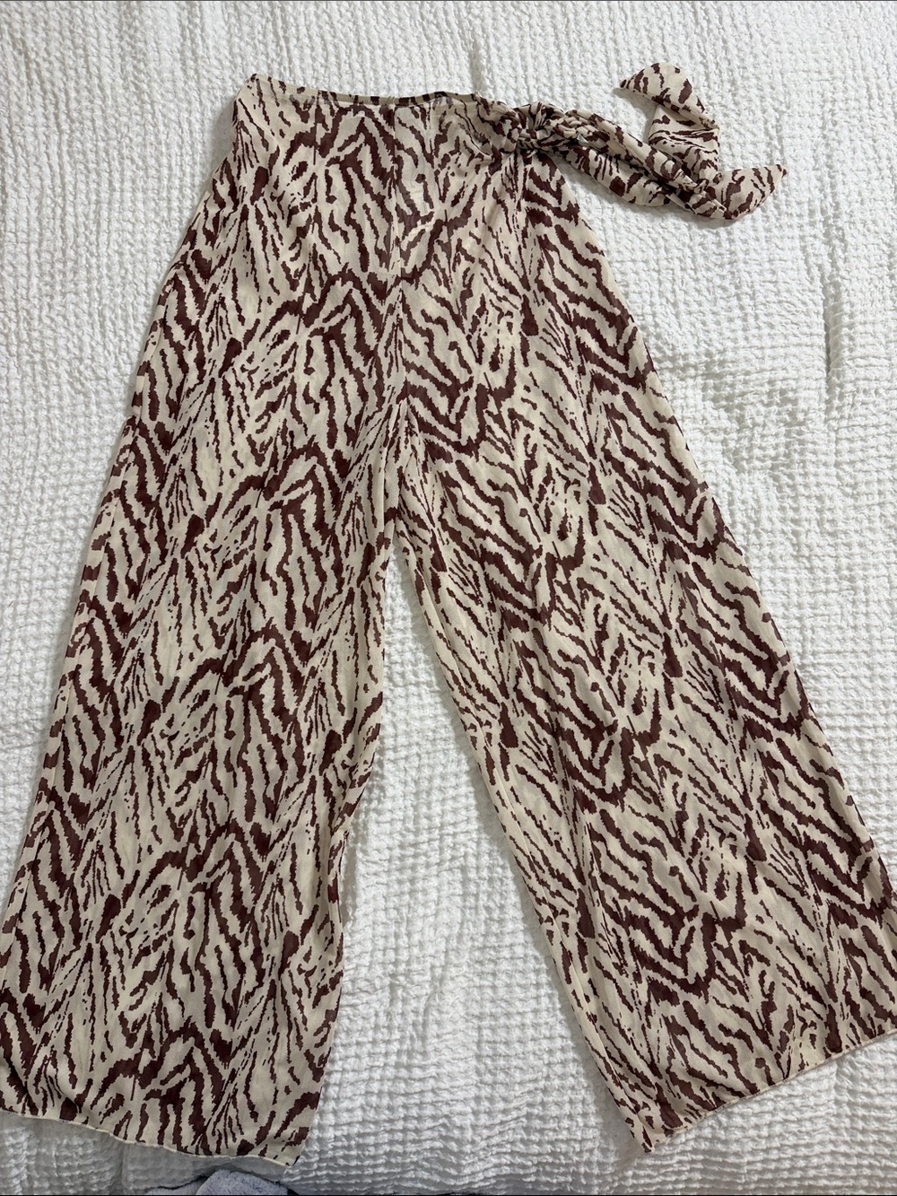 NWT, Rebecca Minkoff, Wide Leg Animal-Print Tie-Waist Pants - Cream & Brown Sm